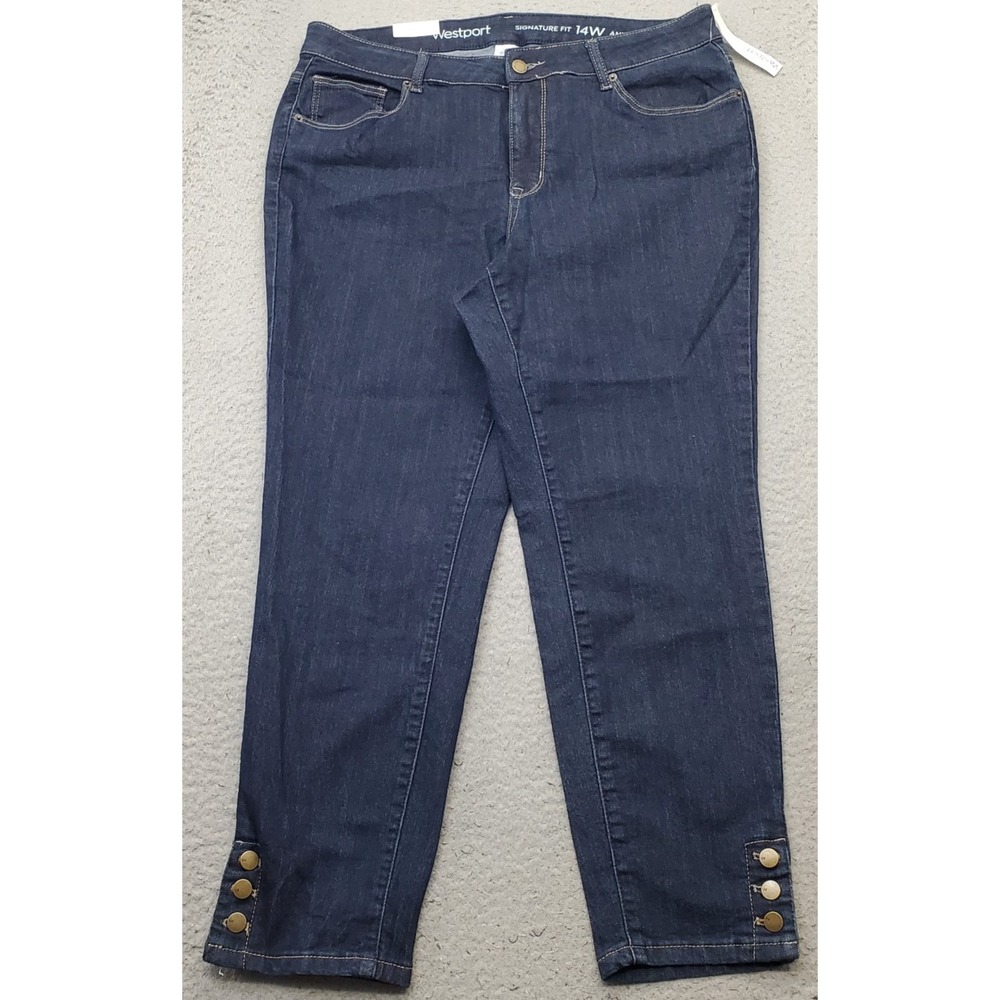Westport Ankle Jeans Womens 14W Blue Denim Signature Fit Relaxed Button Hem